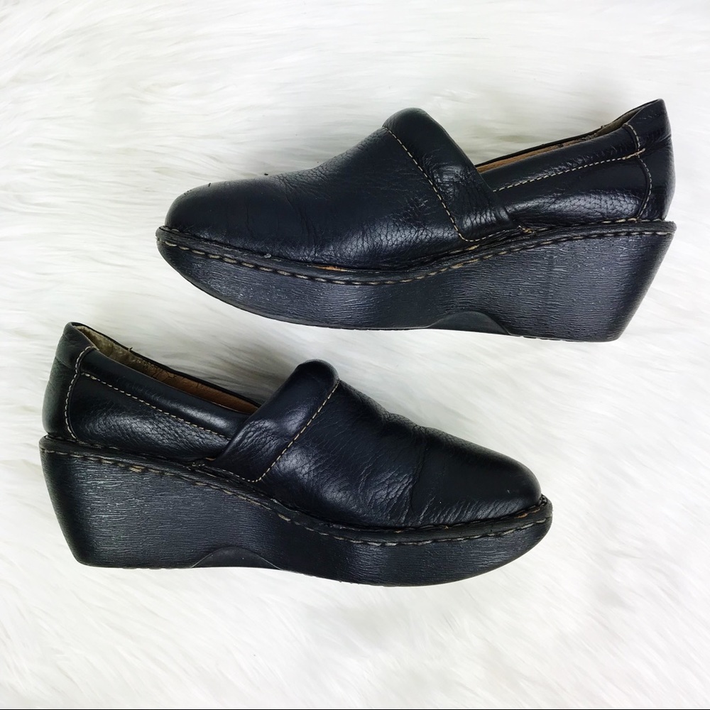 B.O.C. Black Leather Peggy Wedge Mule Clog